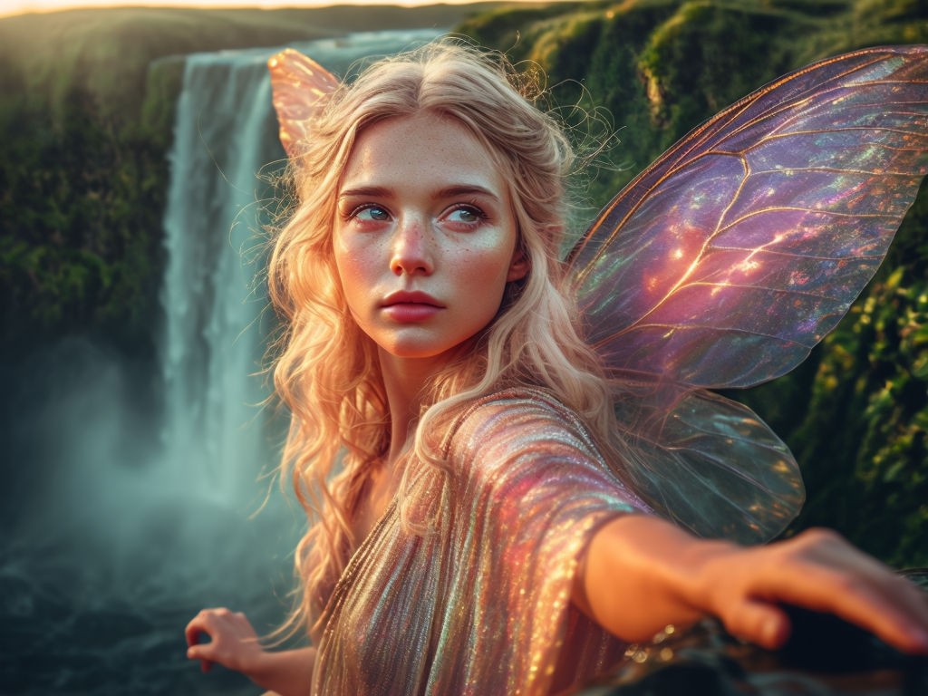 Enchanting Fairy by the Waterfall in Morning Light Art - Playground