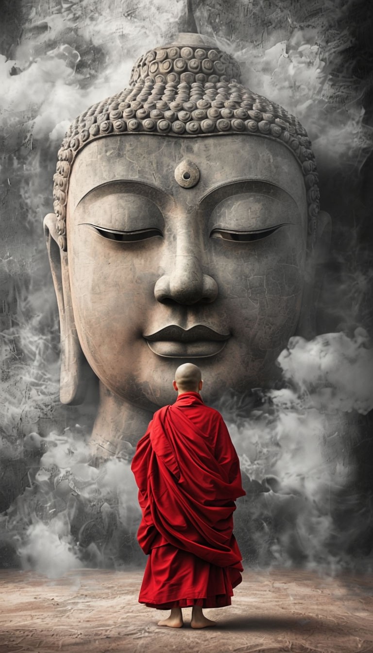 Serene Monk Facing Colossal Buddha Face in Crimson Robes Art