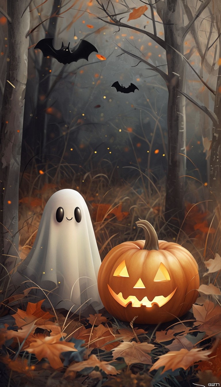 Whimsical Halloween Forest Scene with Jack-o'-Lantern and Ghost Poster