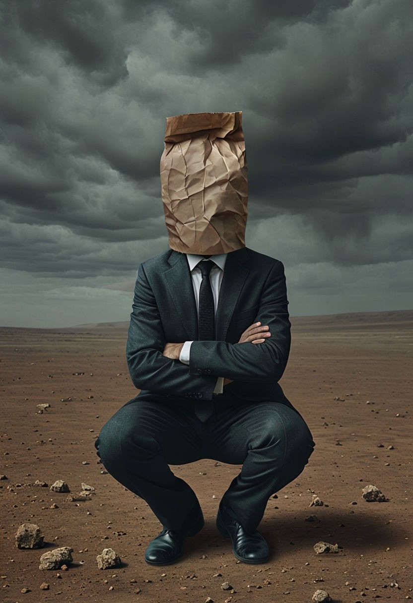 Surreal Man in Suit with Paper Bag on Desert Terrain Art