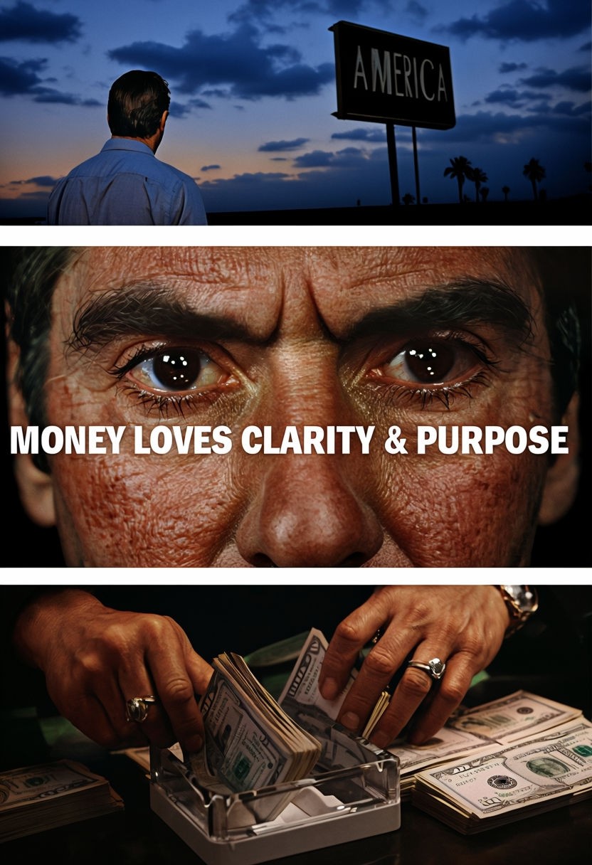 Dramatic Money and Purpose Themed Art Featuring Al Pacino and Currency Elements Poster