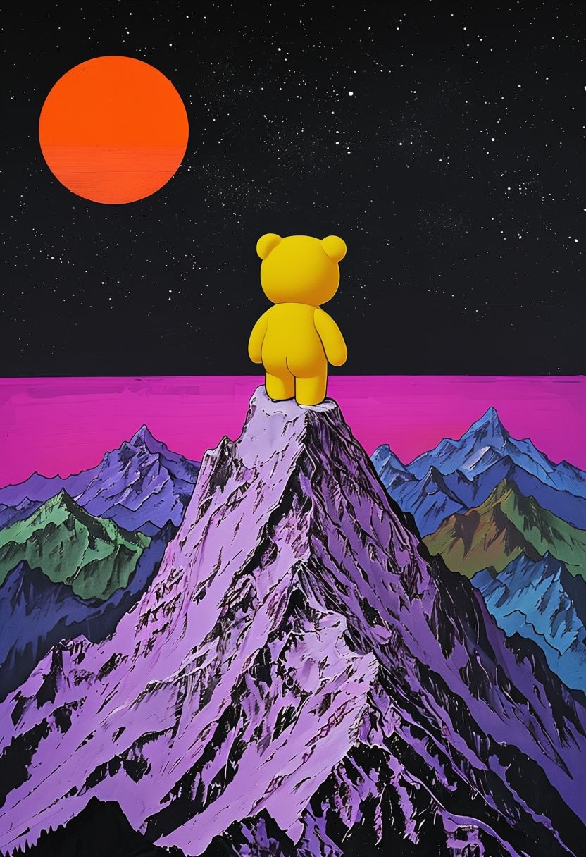 Surreal Yellow Teddy Bear on Colorful Mountain Landscape Art