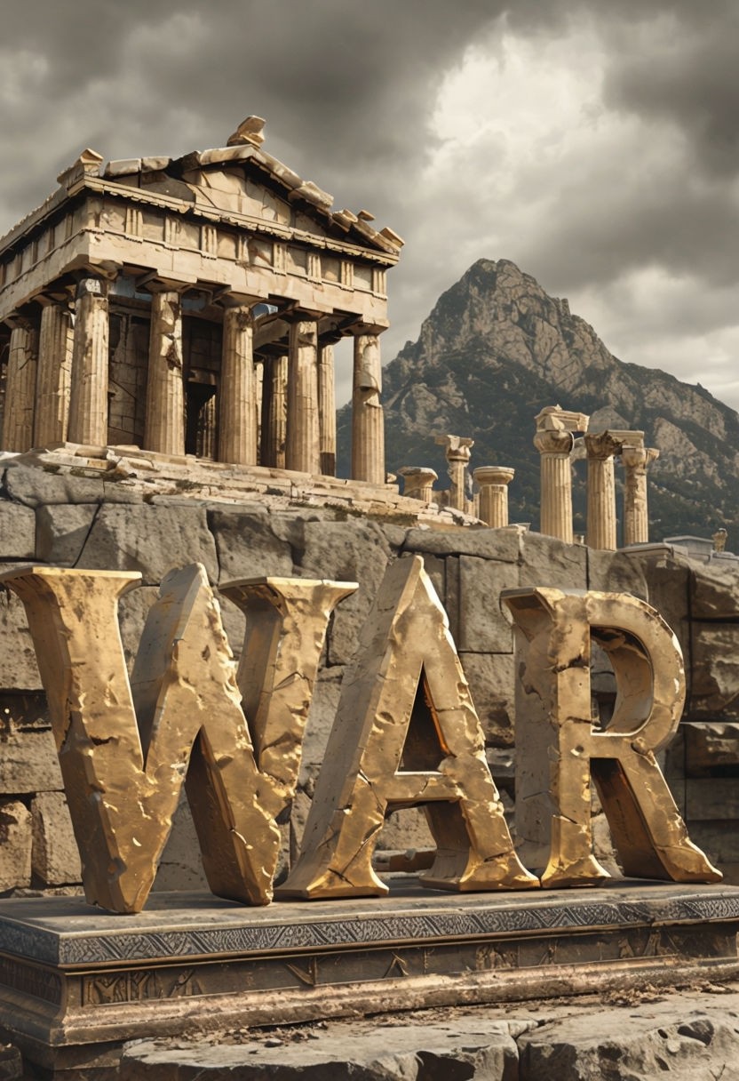 Dramatic Ancient Greek WAR Scene with Stone Letters Art