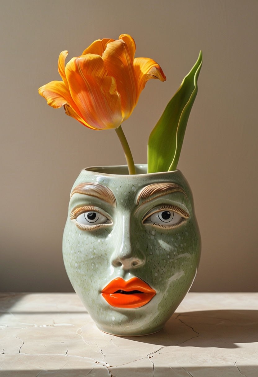 Whimsical Human Face Vase with Tulip Still Life Art