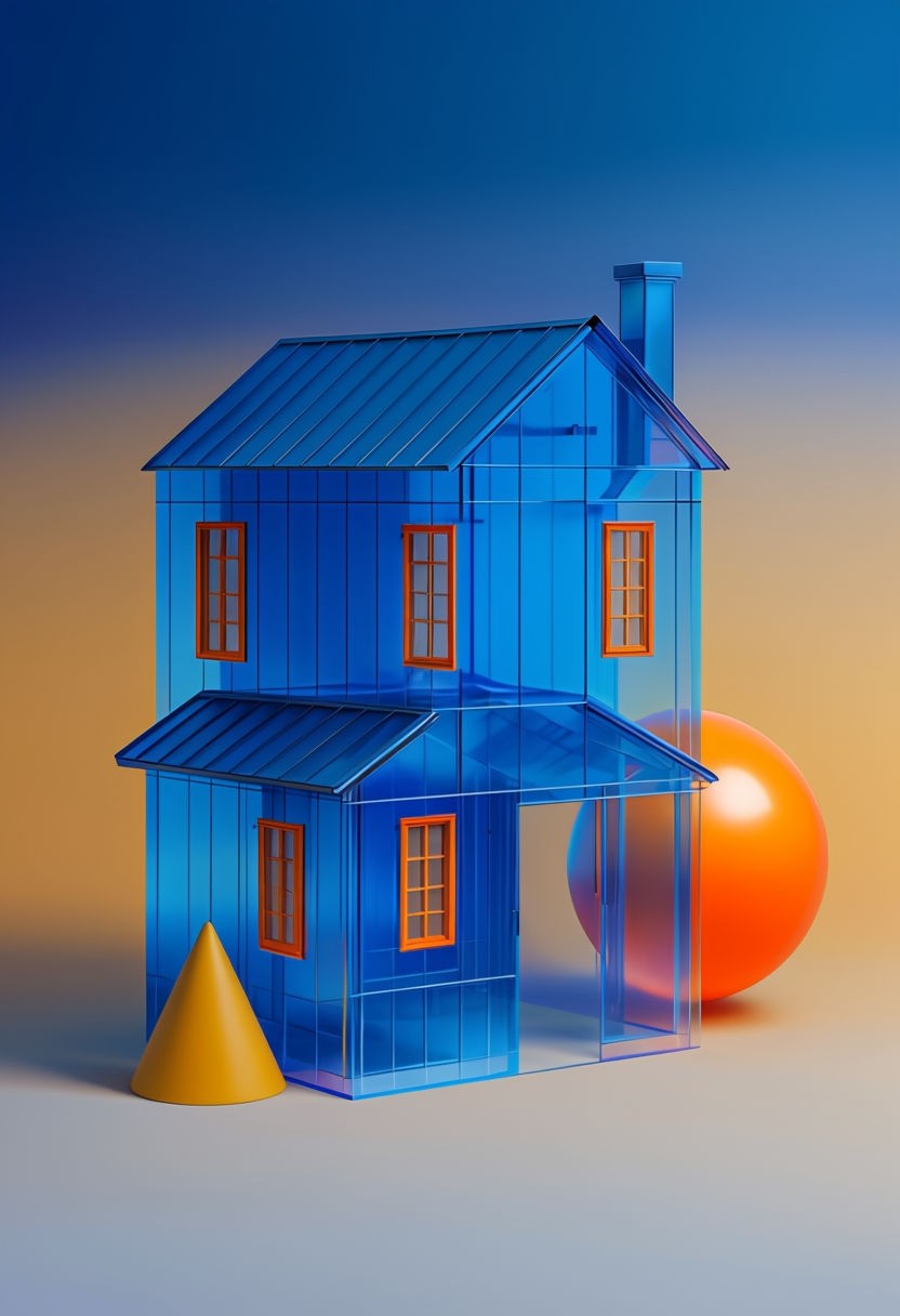 Surreal Blue House with Vibrant Orange Sphere Digital Art Poster