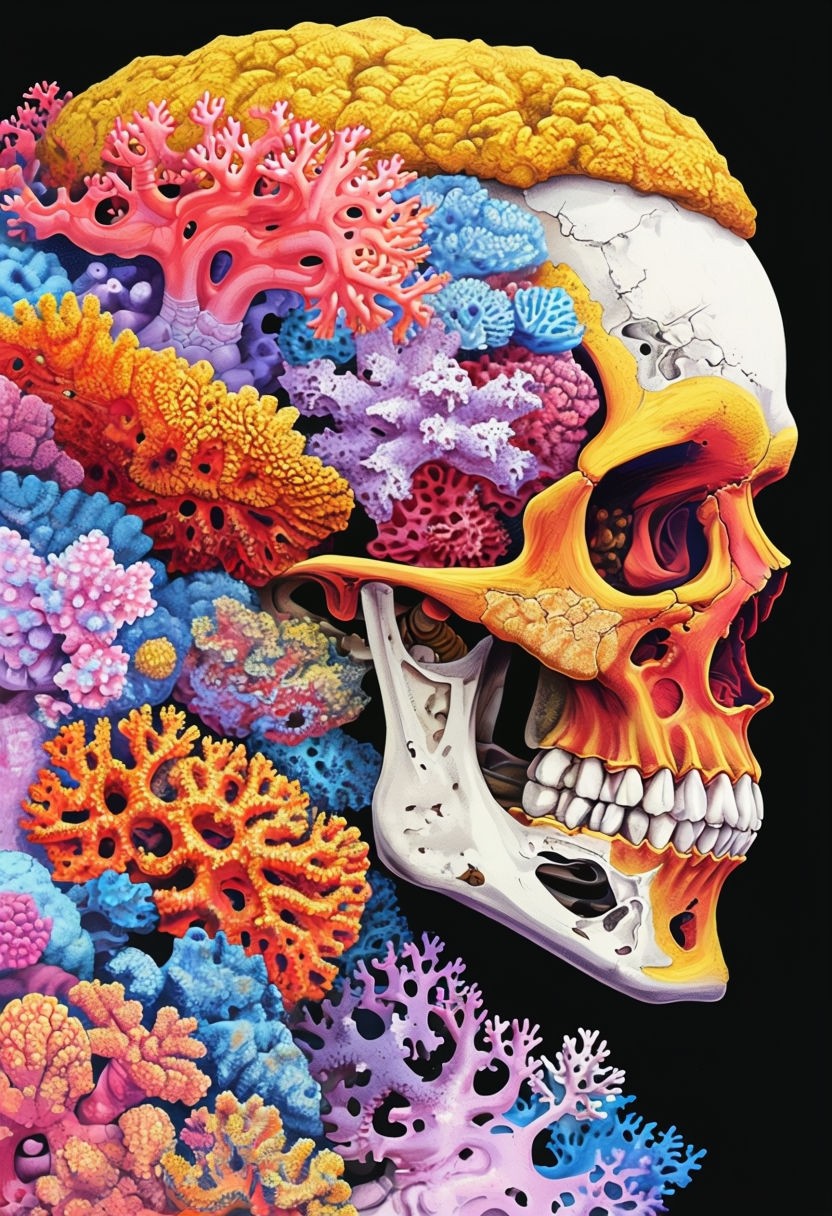 Surreal Human Skull and Vibrant Coral Art Illustration Poster