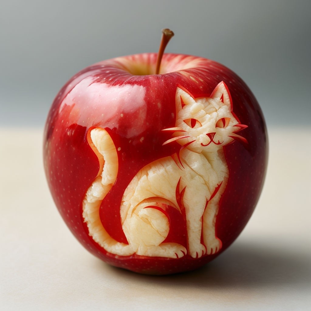 Vibrant Red Apple with Intricate Cat Carving Art