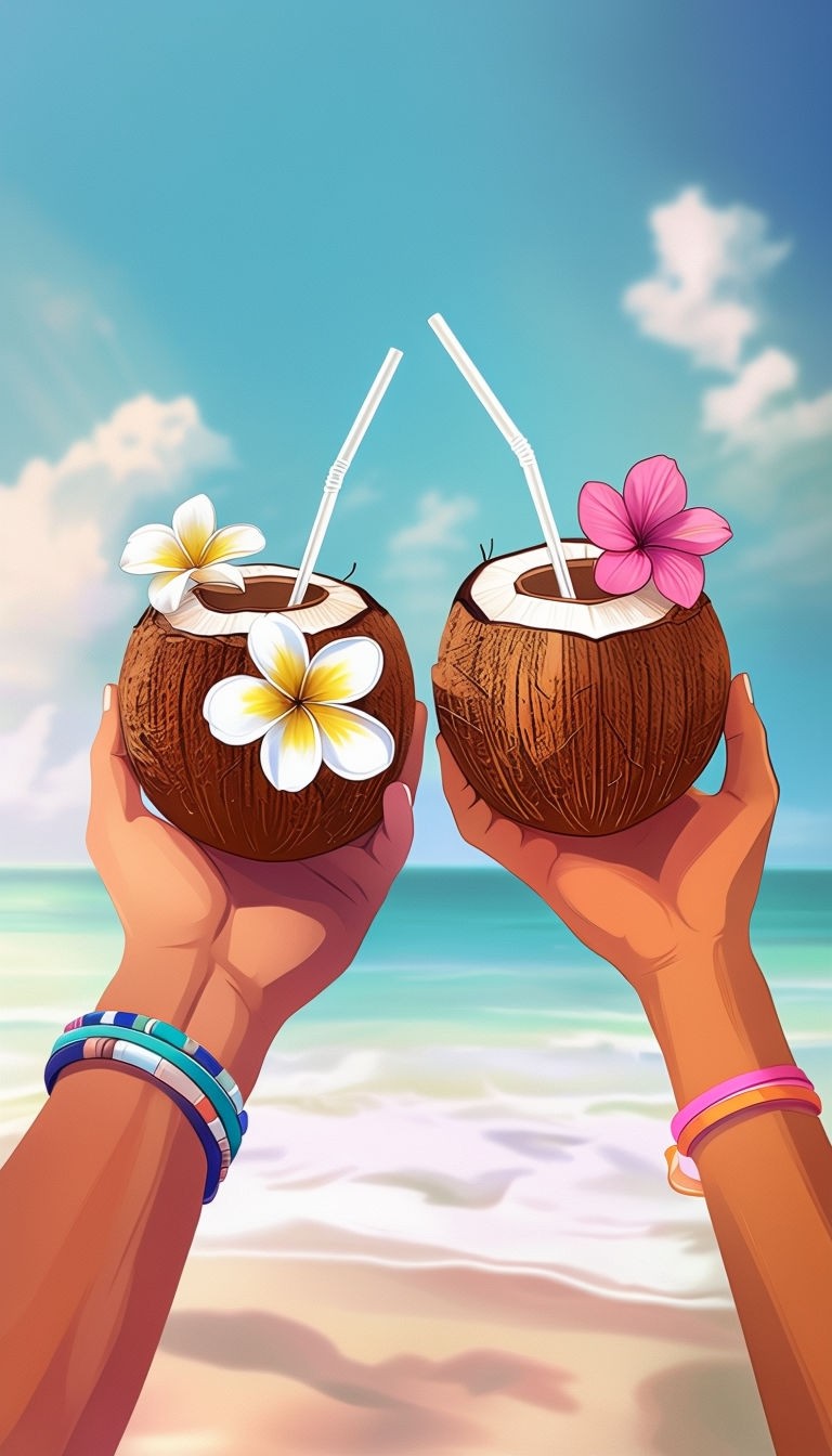 Tropical Beach Scene with Coconut Drinks poster