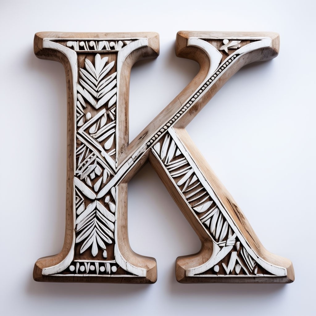 Intricate Wooden Monogram 'K' with Carved Patterns Art