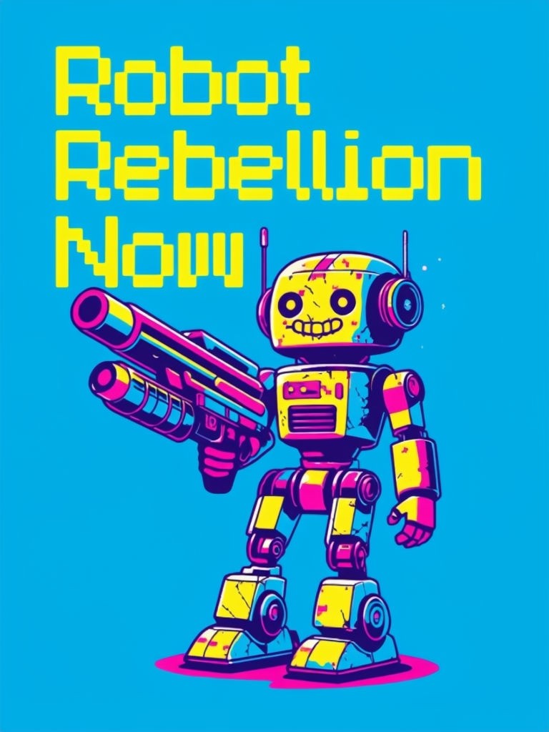 Humorous Retro-Futuristic Robot Rebellion Graphic Poster