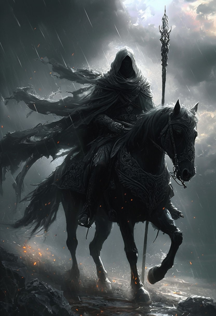 Mysterious Dark Fantasy Cloaked Rider on Horse Art Poster