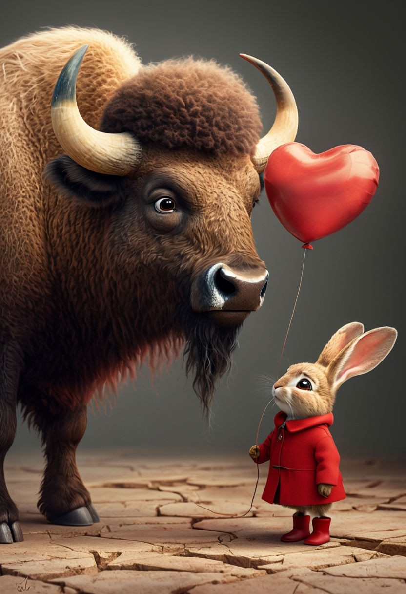 Whimsical Buffalo and Rabbit Heart Balloon Digital Art Illustration