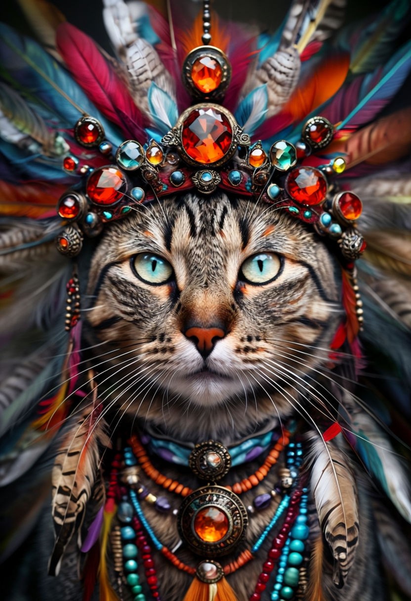 Majestic Tabby Cat with Colorful Feather Headdress Art