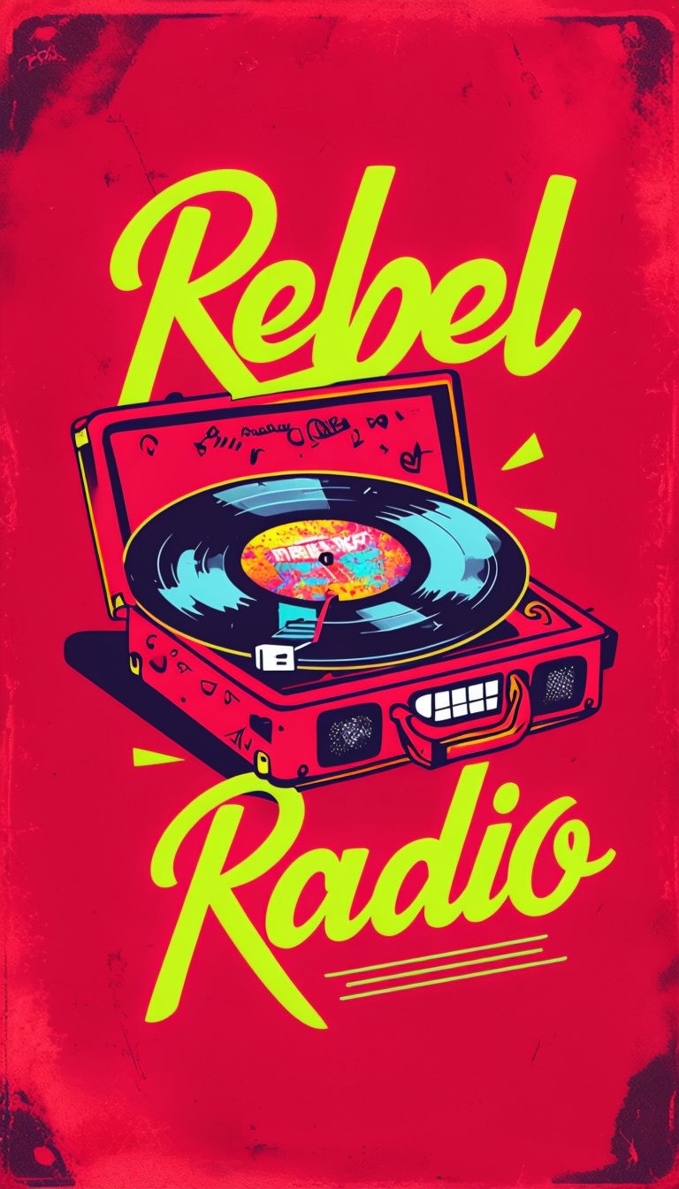 Vibrant Rebel Radio Graphic with Retro Record Player Art