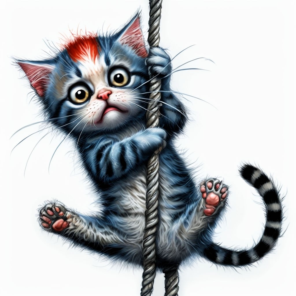 Distressed Blue-Gray Tabby Kitten Hanging on a Rope Cartoon Art