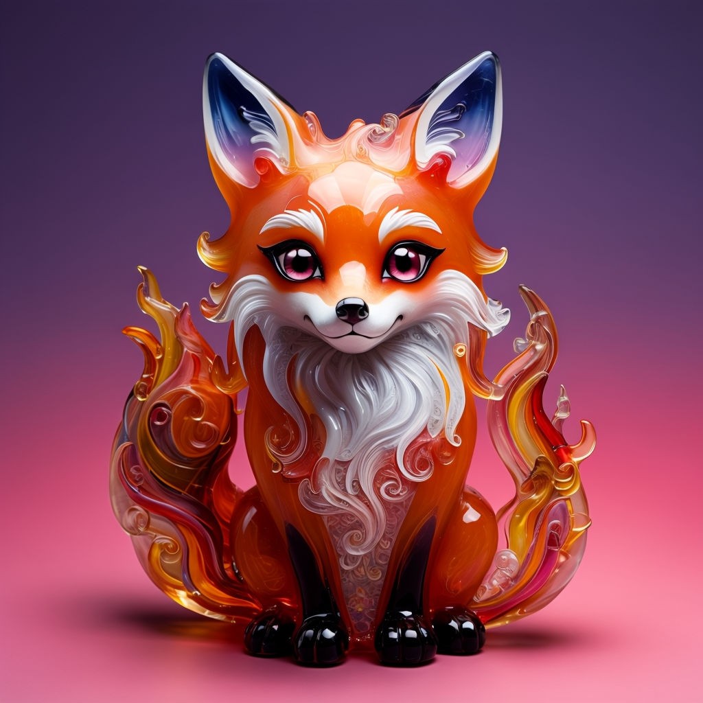 Photorealistic Anthro Fox Glass Sculpture with Colorful Flames Art