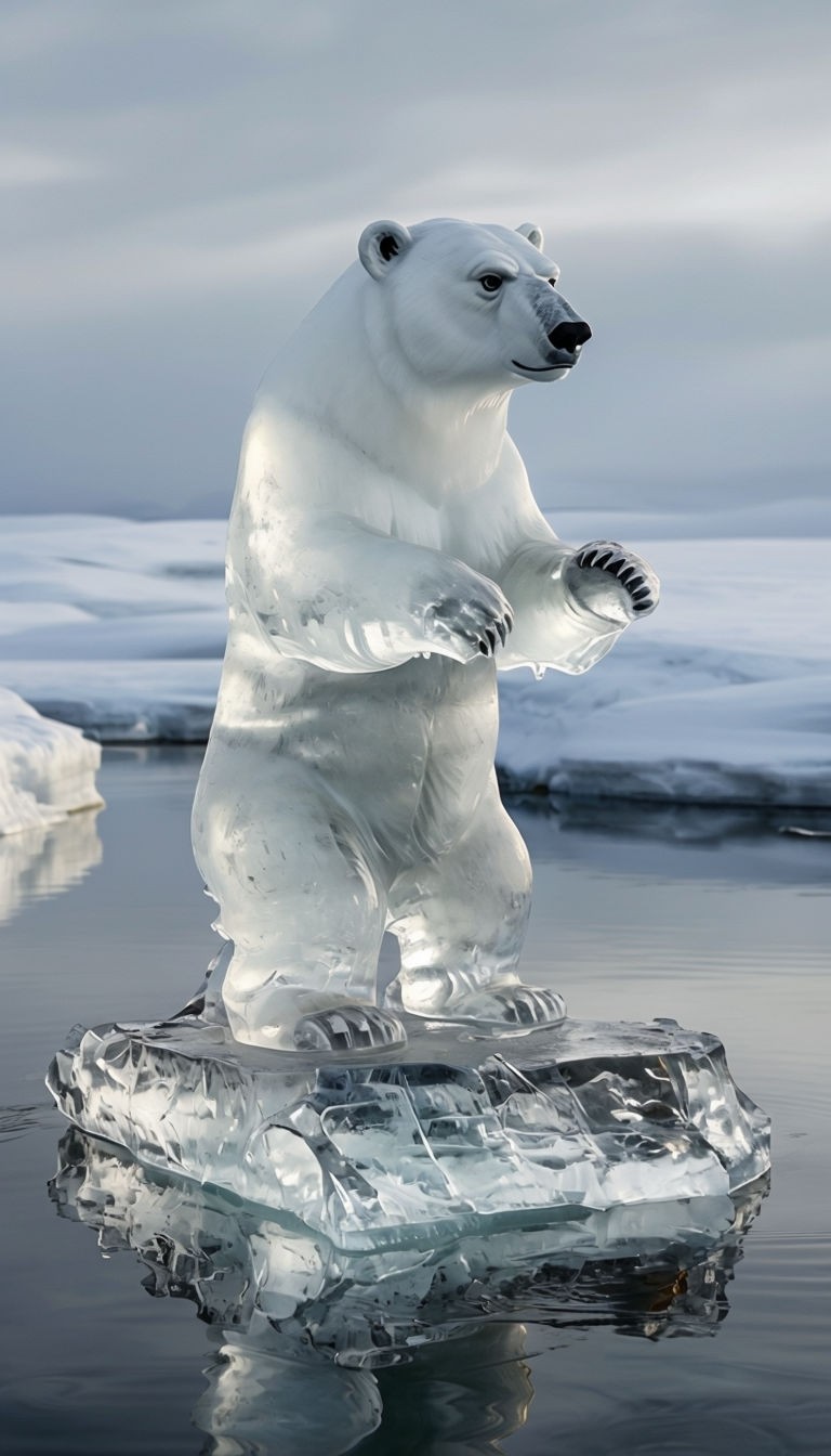 Majestic Ice Sculpture of a Polar Bear in Tranquil Arctic Scene Poster