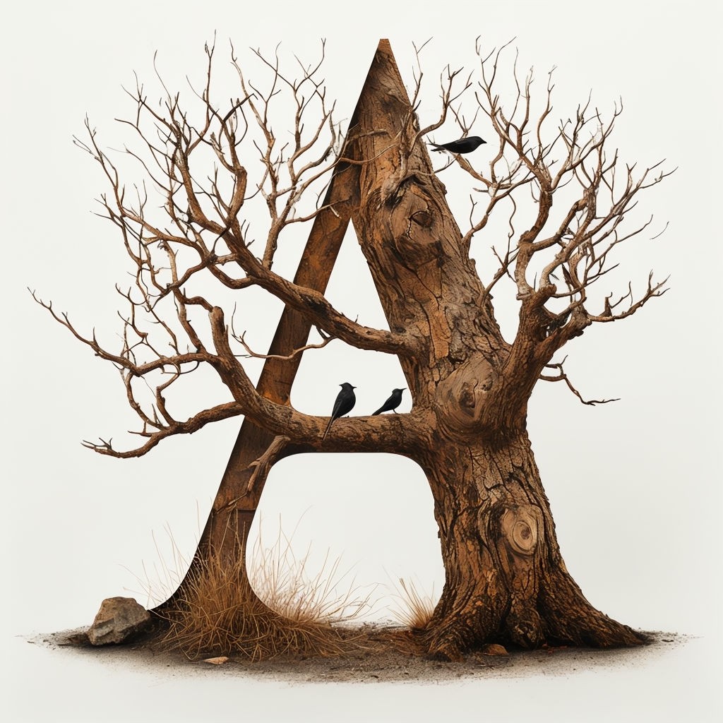 Surreal Monogram A with Tree and Birds Art