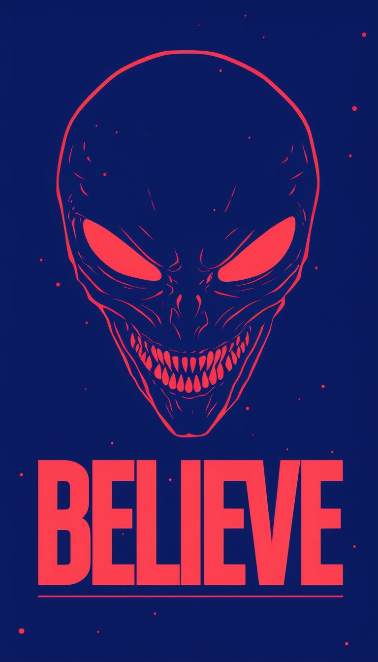 Eerie Alien Face with Bold 'BELIEVE' Text in Neon Colors Art