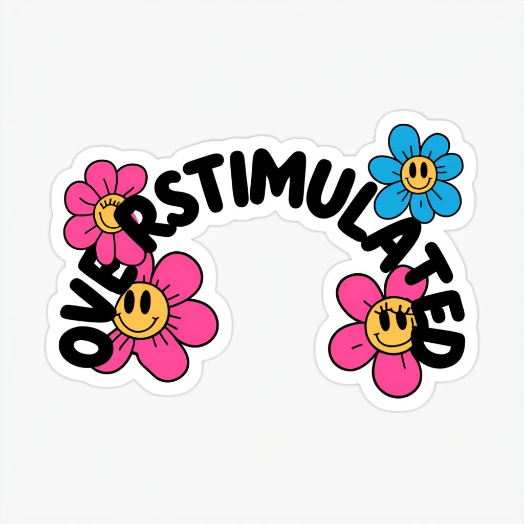 Whimsical Overstimulated Text Sticker with Cheerful Cartoon Flowers