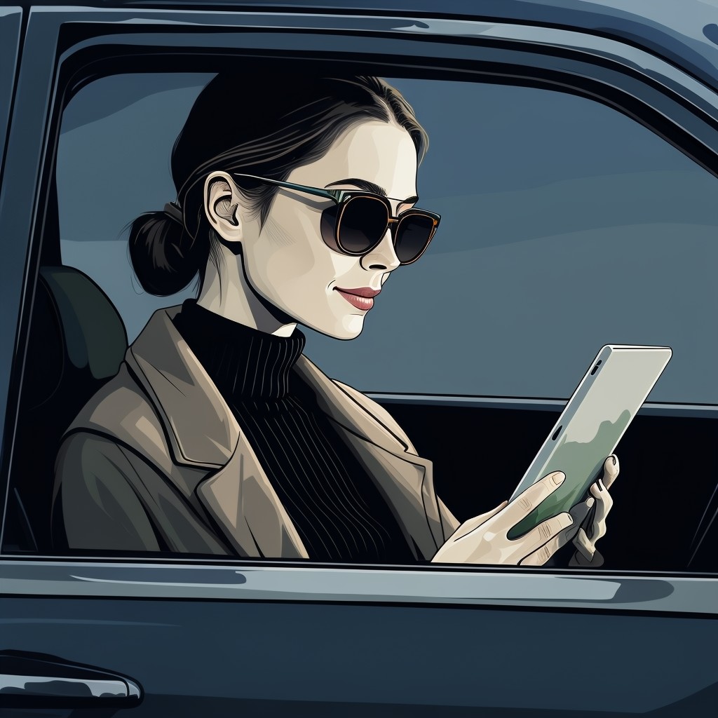 Woman Using Tablet in Car Illustration