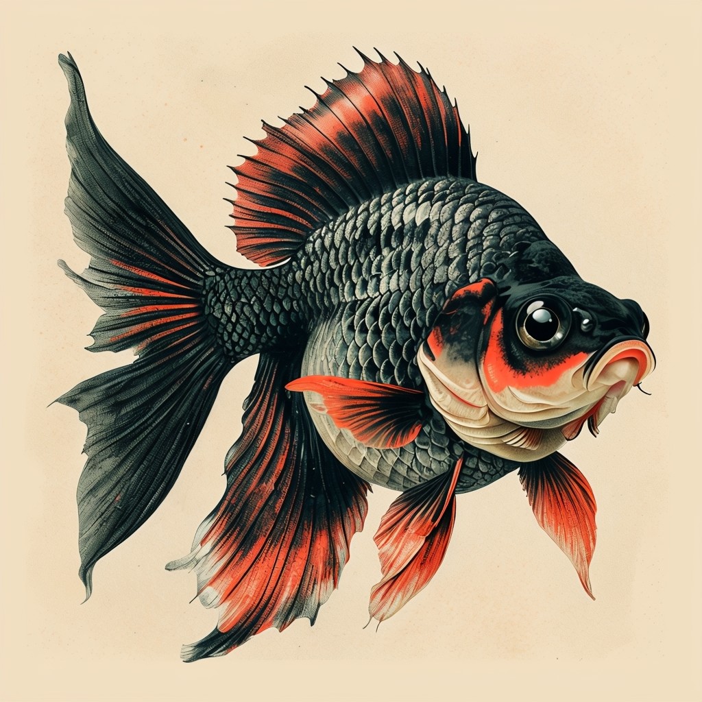 Vintage Goldfish Illustration in Dark Green and Red