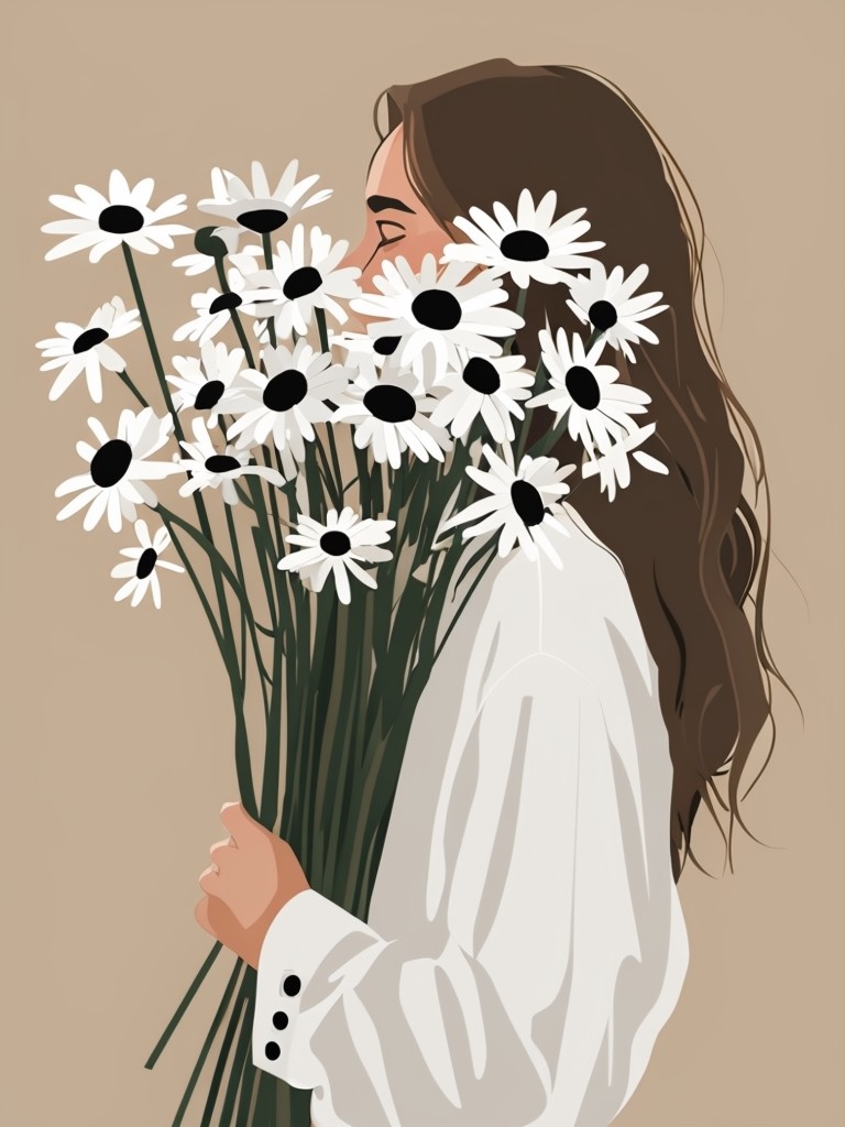 Minimalist Daisy Bouquet Illustration in Beige Background