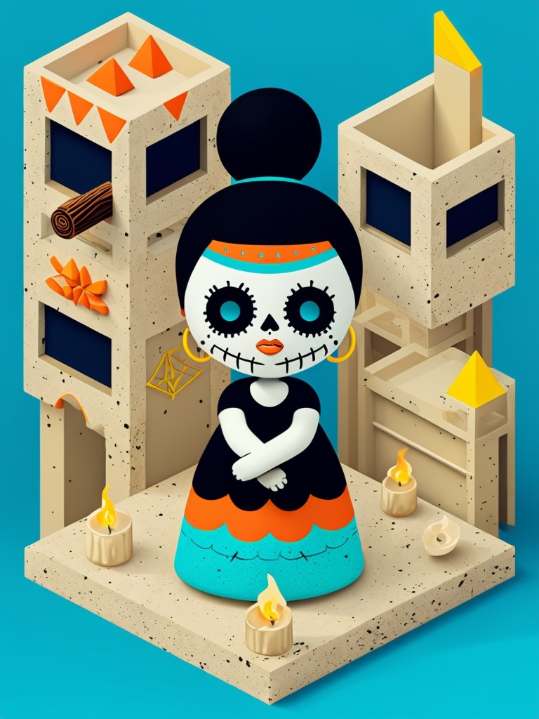 Sugar Skull Character on Whimsical Isometric Platform