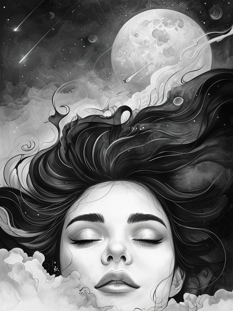 Serene Woman in Cosmic Black and White Illustration