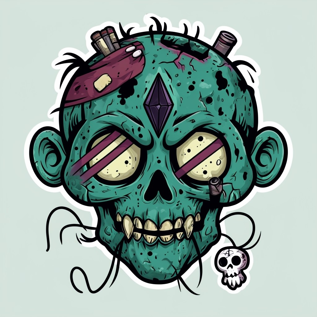 Teal Cartoon Skull Character with Eerie Features