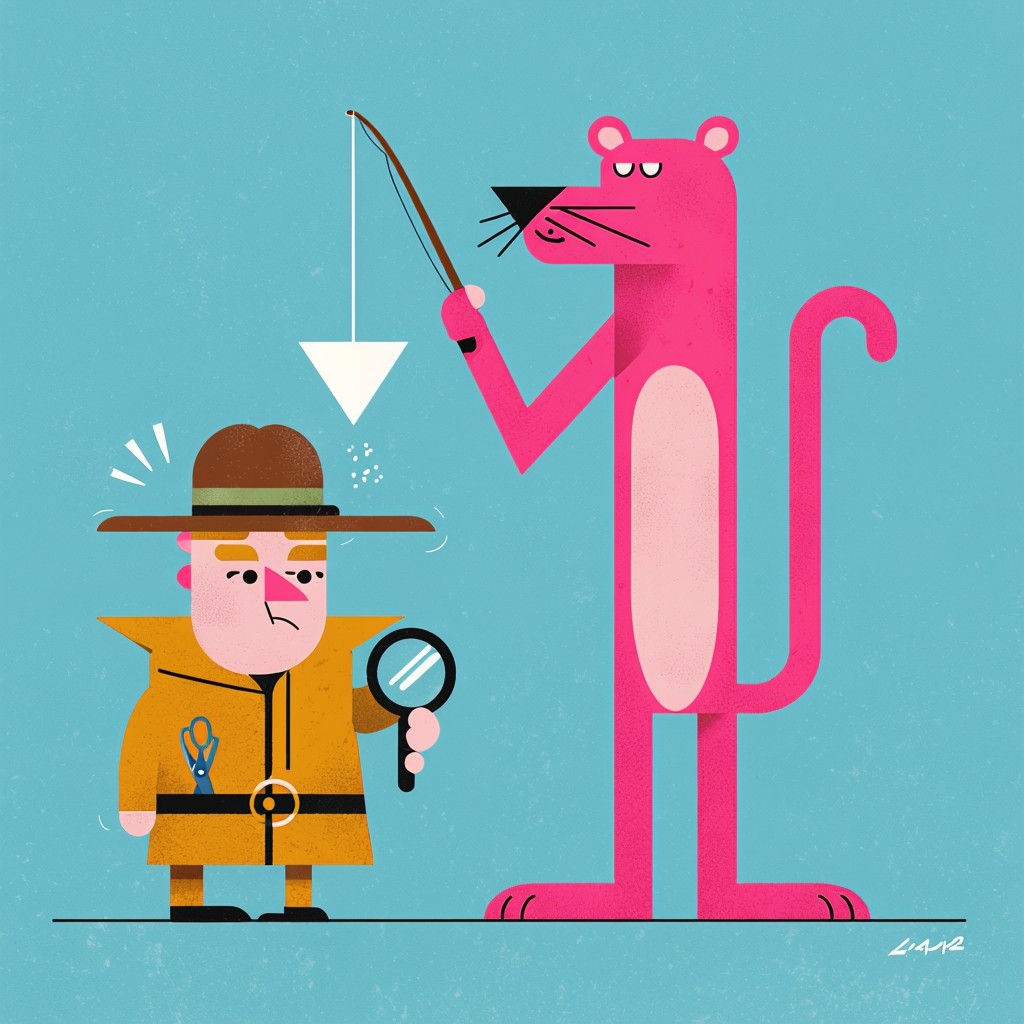 Pink Panther and Detective Whimsical Cartoon Illustration