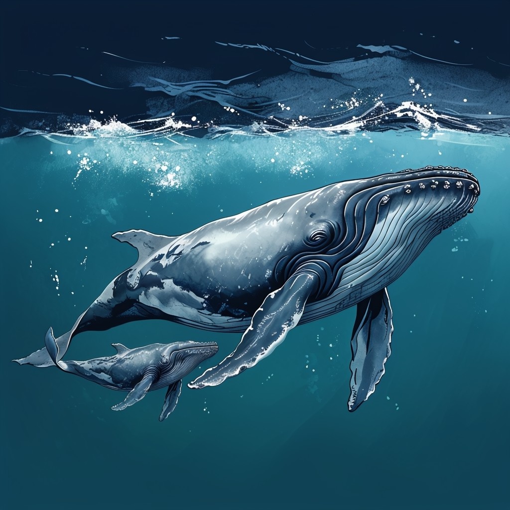 Graceful Whales Swimming Underwater Illustration