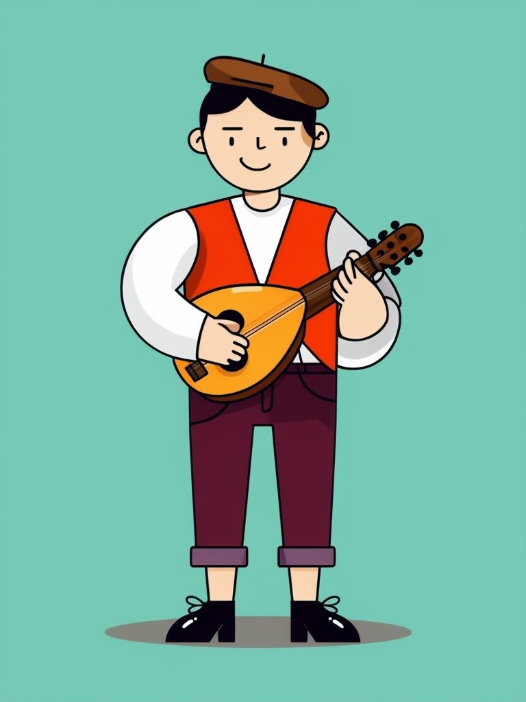 Cheerful Cartoon Character with Mandolin Illustration