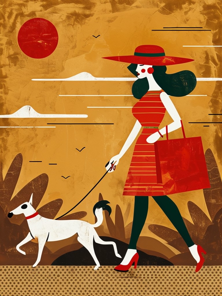 Retro Modern Woman Walking Dog Illustration