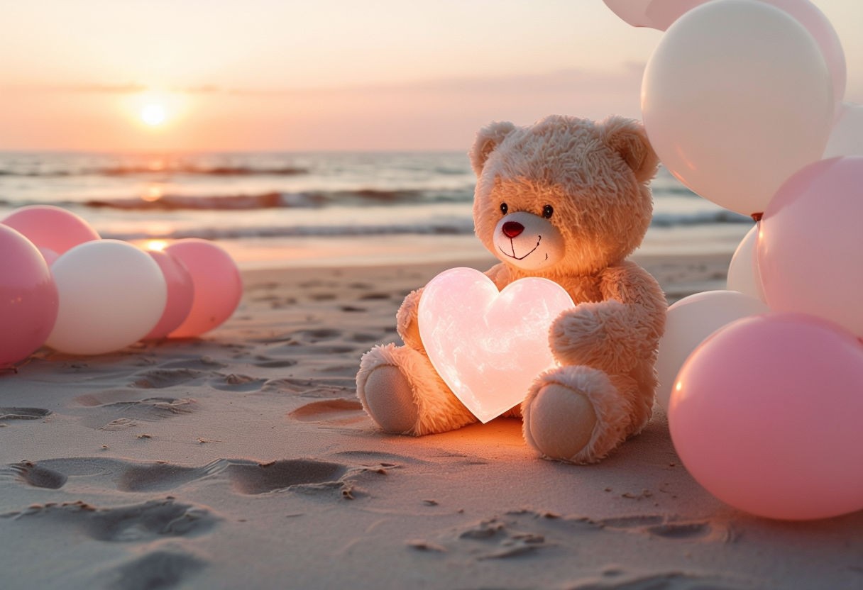 Charming Teddy Bear at Sunset Beach with Heart Balloon Art Print