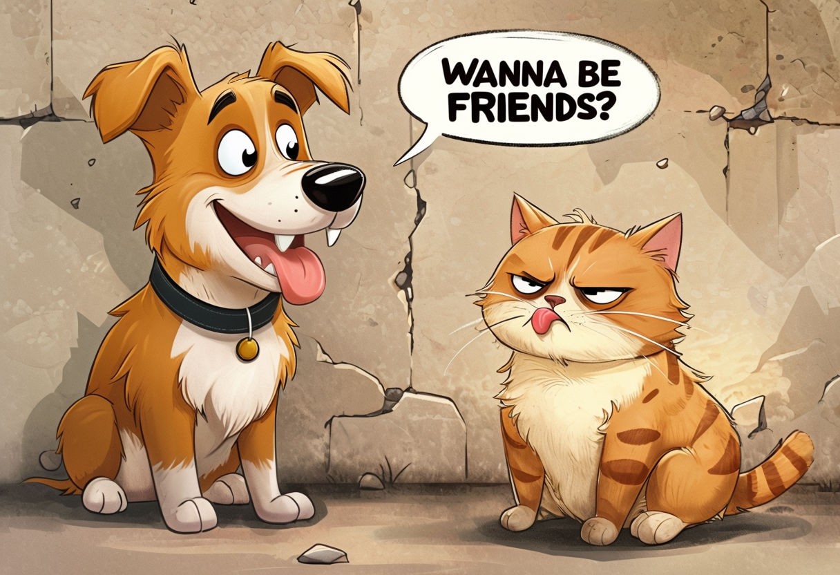 Comedic Dog and Skeptical Cat Cartoon with Speech Bubble Sticker