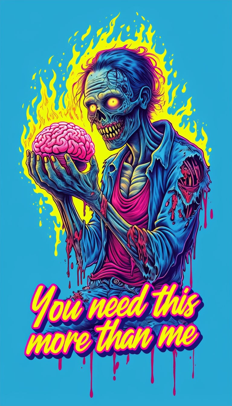 Neon Horror Comic Zombie Holding Glowing Brain Art