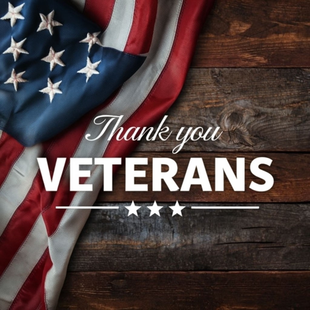 Patriotic Thank You Veterans Graphic with American Flag and Rustic Background Social Media Post