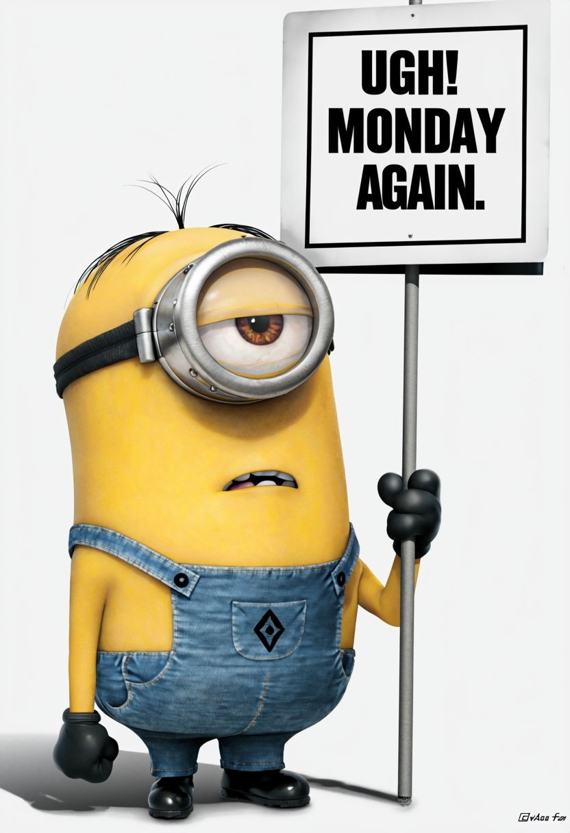 Humorous Minion Illustration with 'UGH! IT'S MONDAY AGAIN' Sign Social Media Post