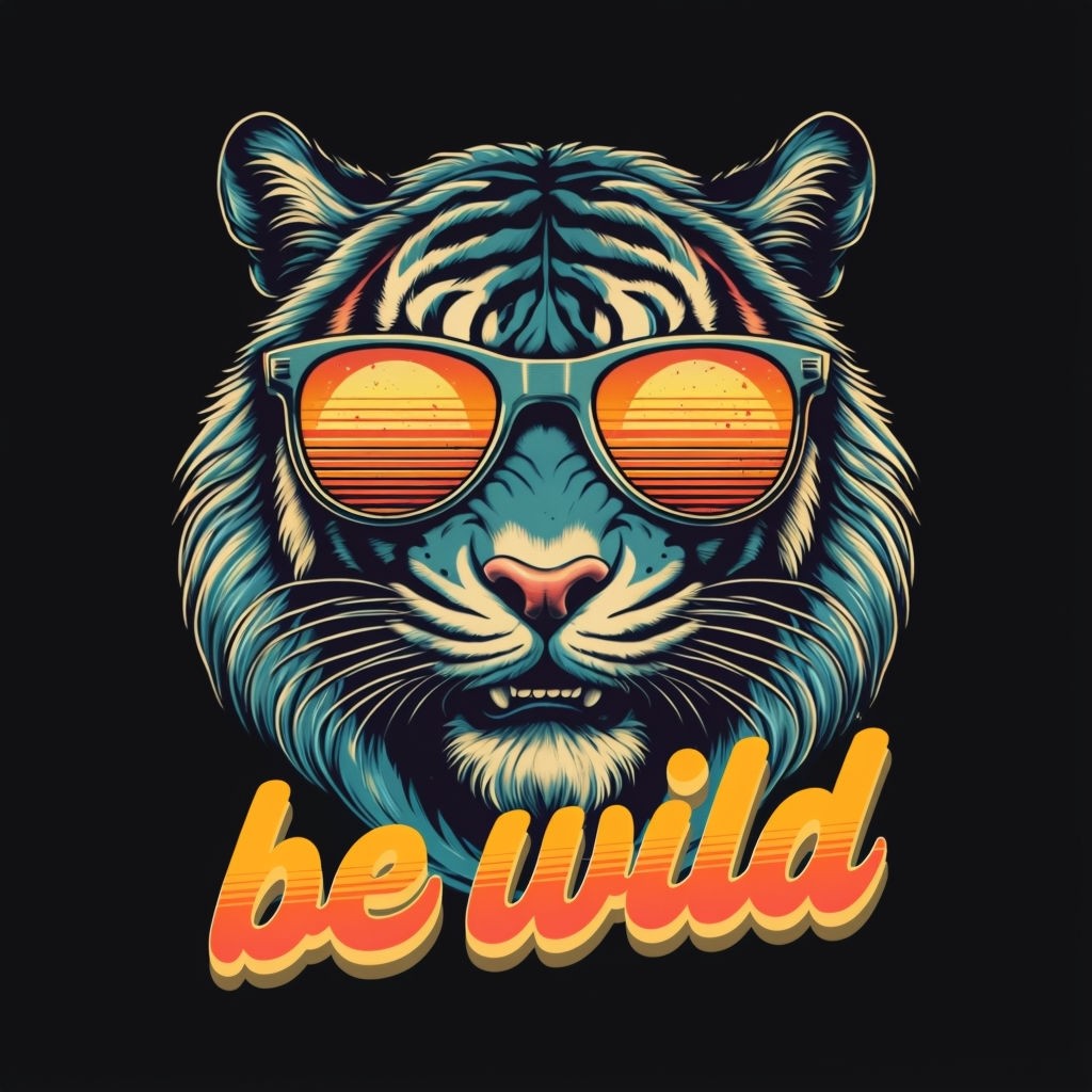 Retro Tiger with Sunglasses and "Be Wild" Phrase