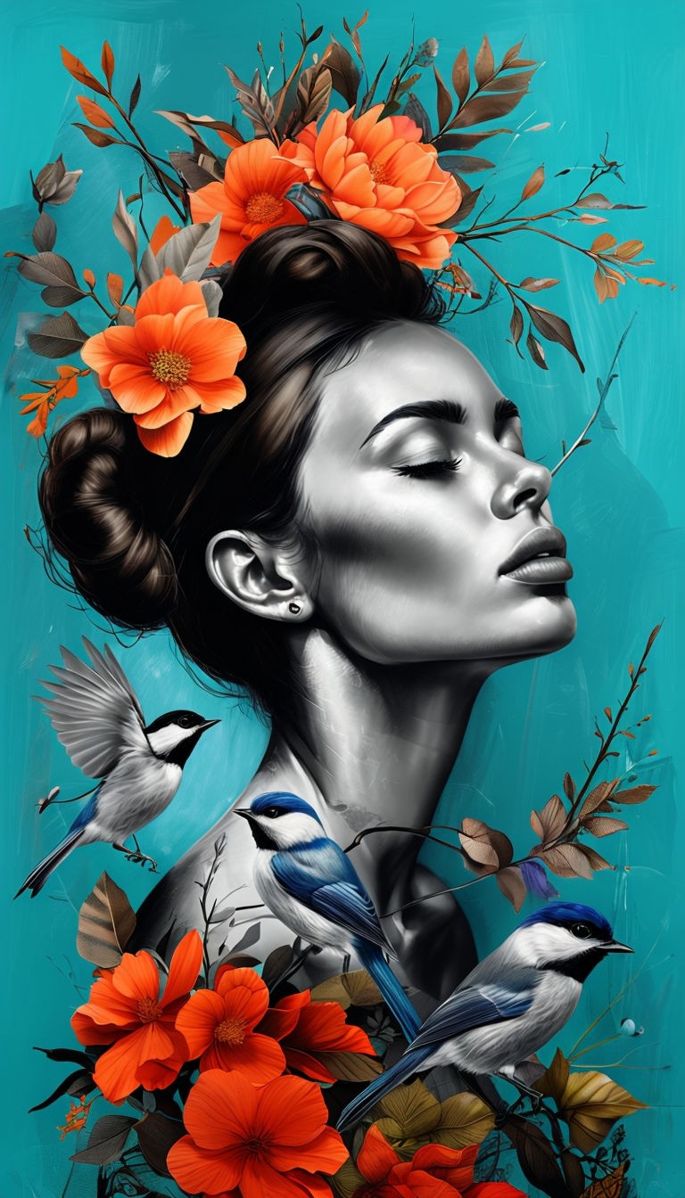 Serene Mixed Media Woman's Portrait with Birds and Flowers Art