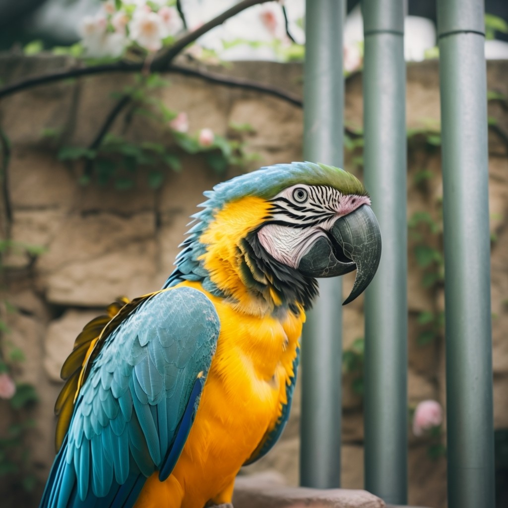 Vibrant Blue-and-Yellow Macaw in Serene Outdoor Setting