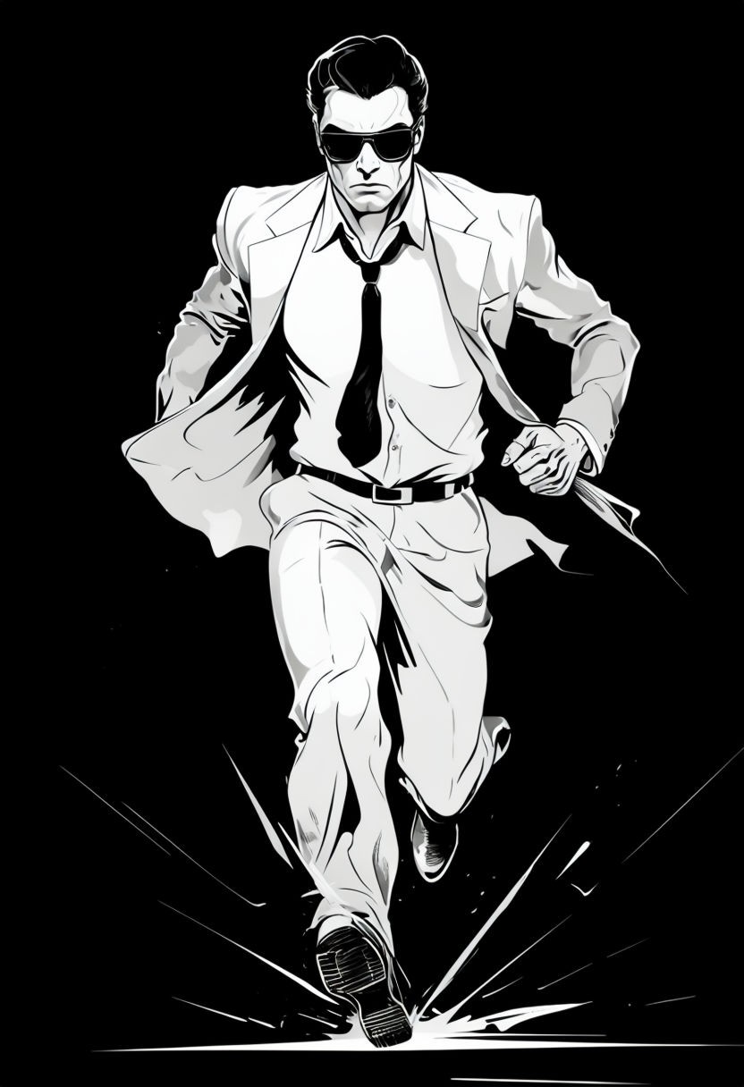 Dynamic Black and White Action Figure Running Illustration Art