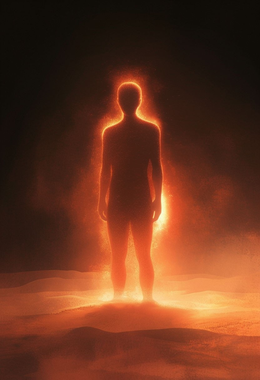 Dramatic Silhouetted Figure in Fiery Glow Digital Art Poster