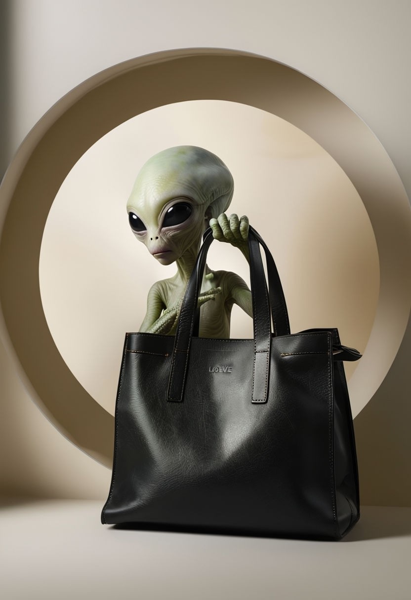 Whimsical Alien Holding Stylish Tote Bag in Minimalist Conceptual Photograph Art