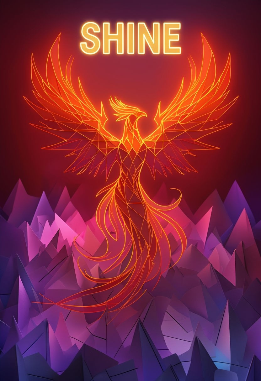 Vibrant Neon Phoenix Rising Above Origami Shapes Art