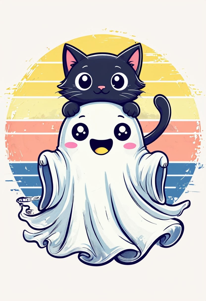 Whimsical Black Cat and Happy Ghost Cartoon Art Poster