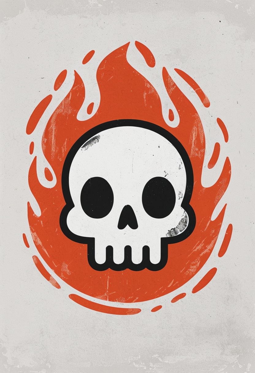 Minimalist Skull with Vibrant Flames Cartoon Art Poster