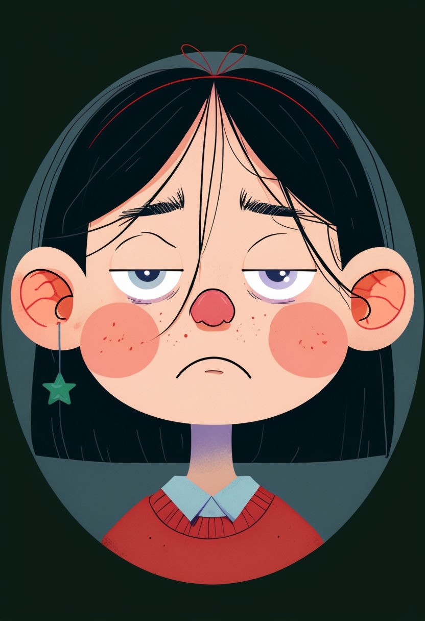 Whimsical Cartoon Girl with Large Ears and Tired Expression Art