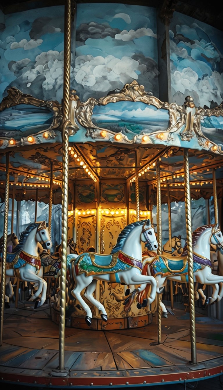 Vibrant Vintage Carousel with Colorful Horses Art